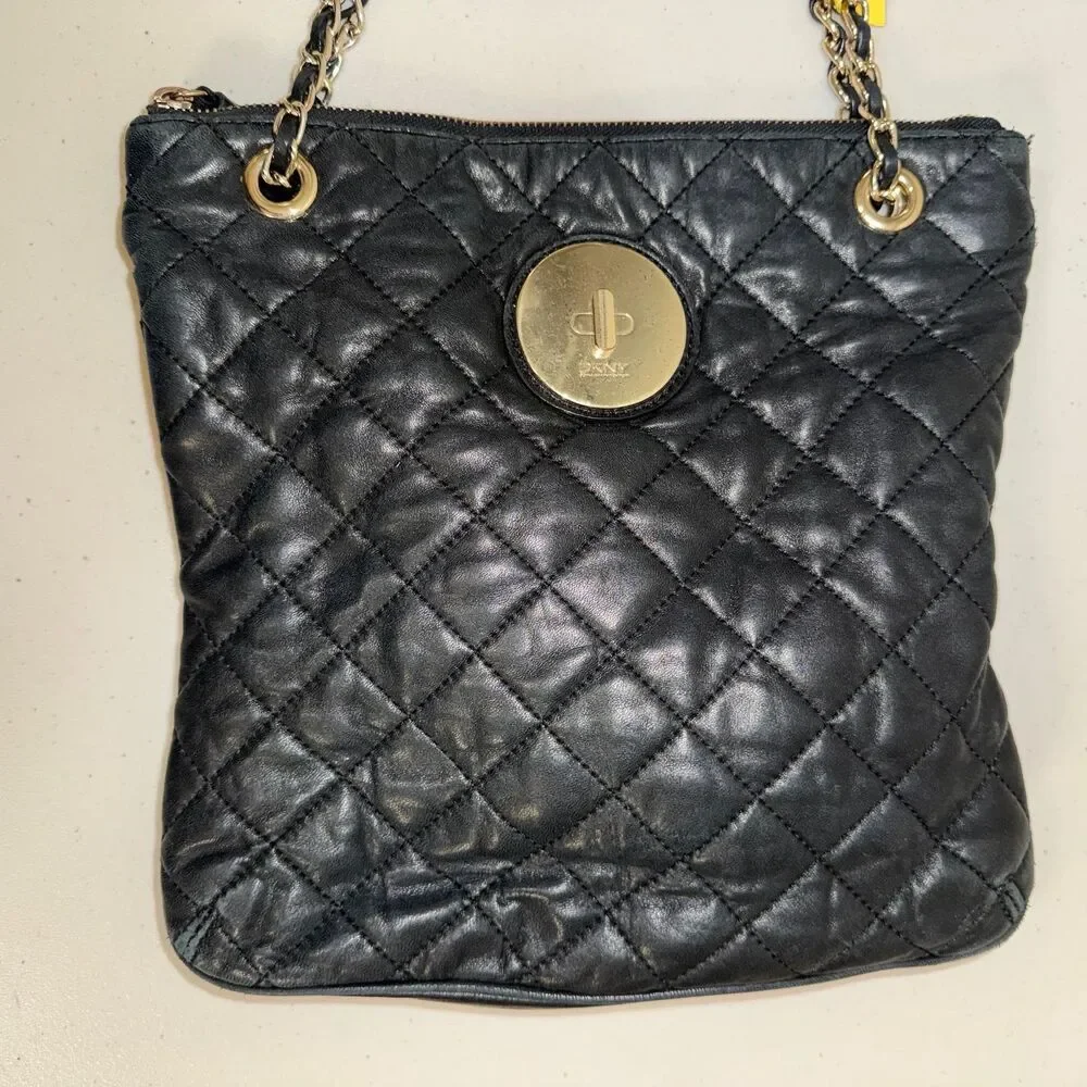 DKNY Leather Black Shoulder Bag Quilted Gold Purse Carryall Business Pocketbook